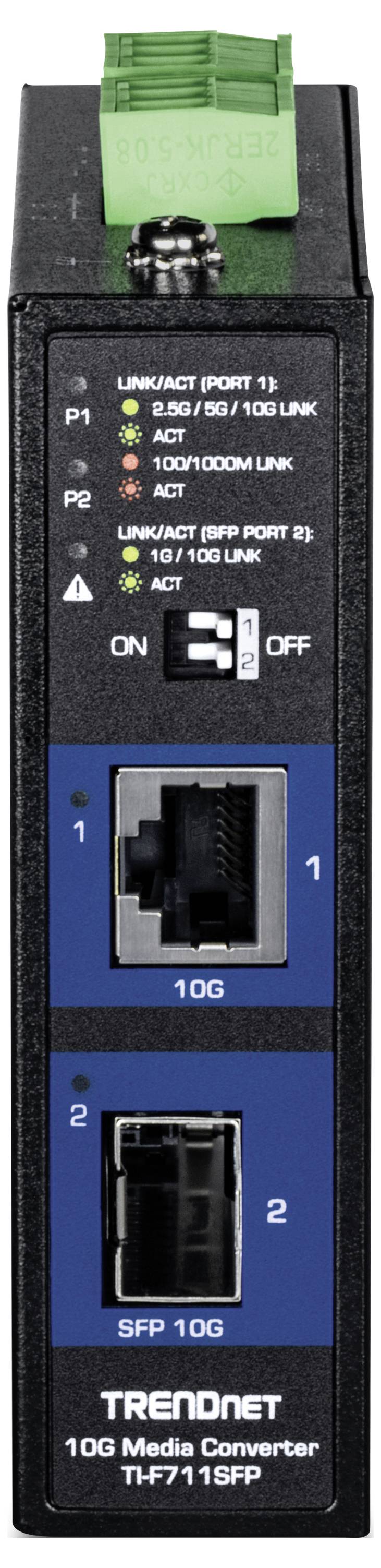 Prednji pogled na TRENDnet 10G Media Converter model TFC7110SFP, prikazuje 10G i SFP 10G priključke, indikatore statusa za napajanje ilink/aktivnost.