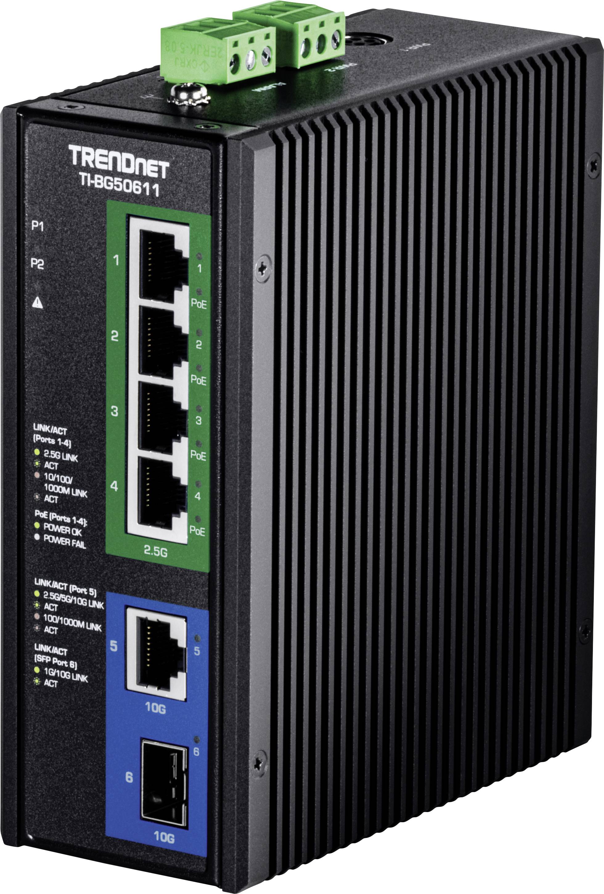 Mrežni preklopnik s pet priključaka označenih za Ethernet brzine: 2,5 Gbps, PoE+ i 10 Gbps. Dizajniran u crnoj i zelenoj boji s indikatorskim lampicama.
