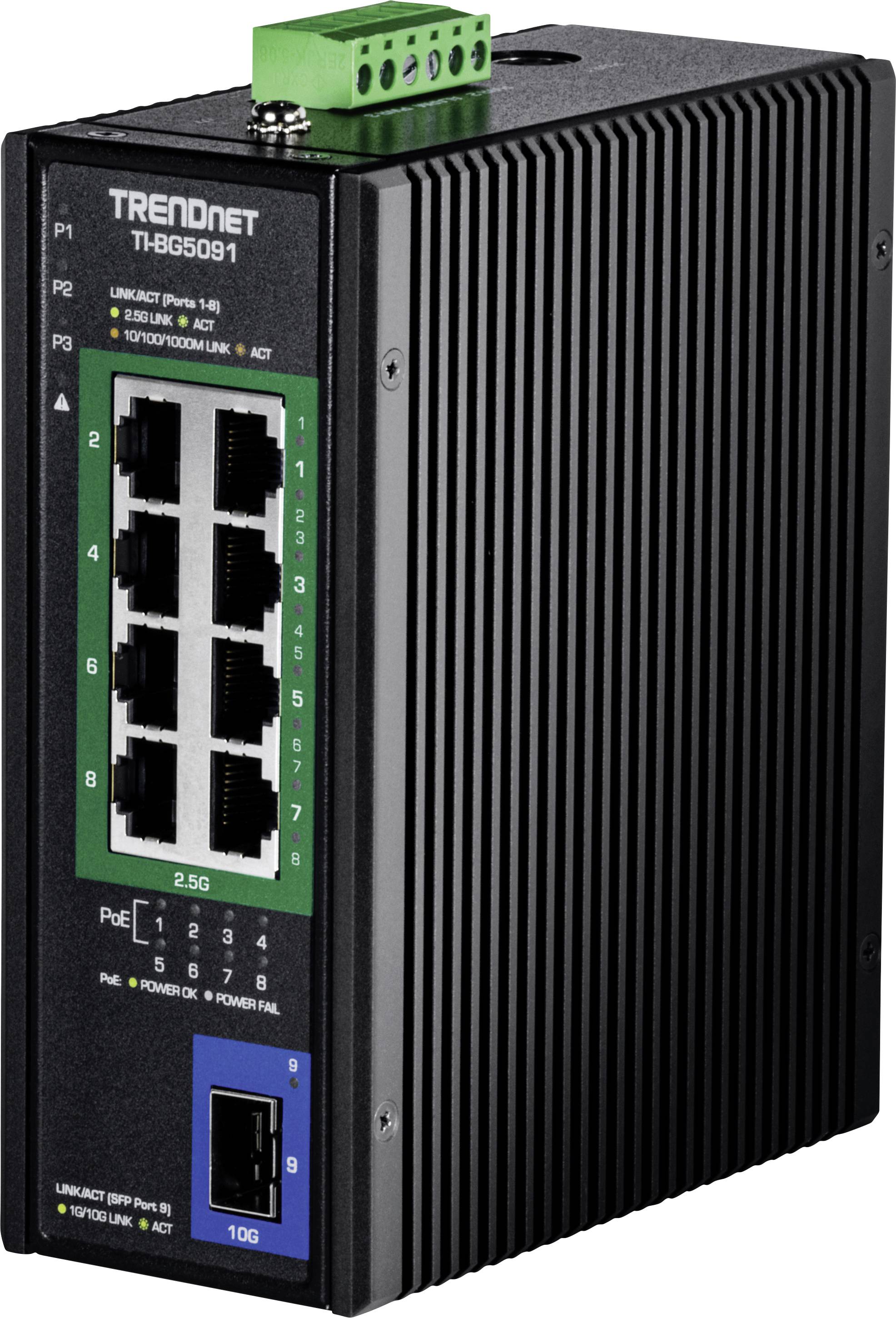 Industrijski mrežni switch s pet Ethernet priključaka, oznake 'TRENDnet TI-BG509i', zeleni terminal blok na vrhu, crno kućište.