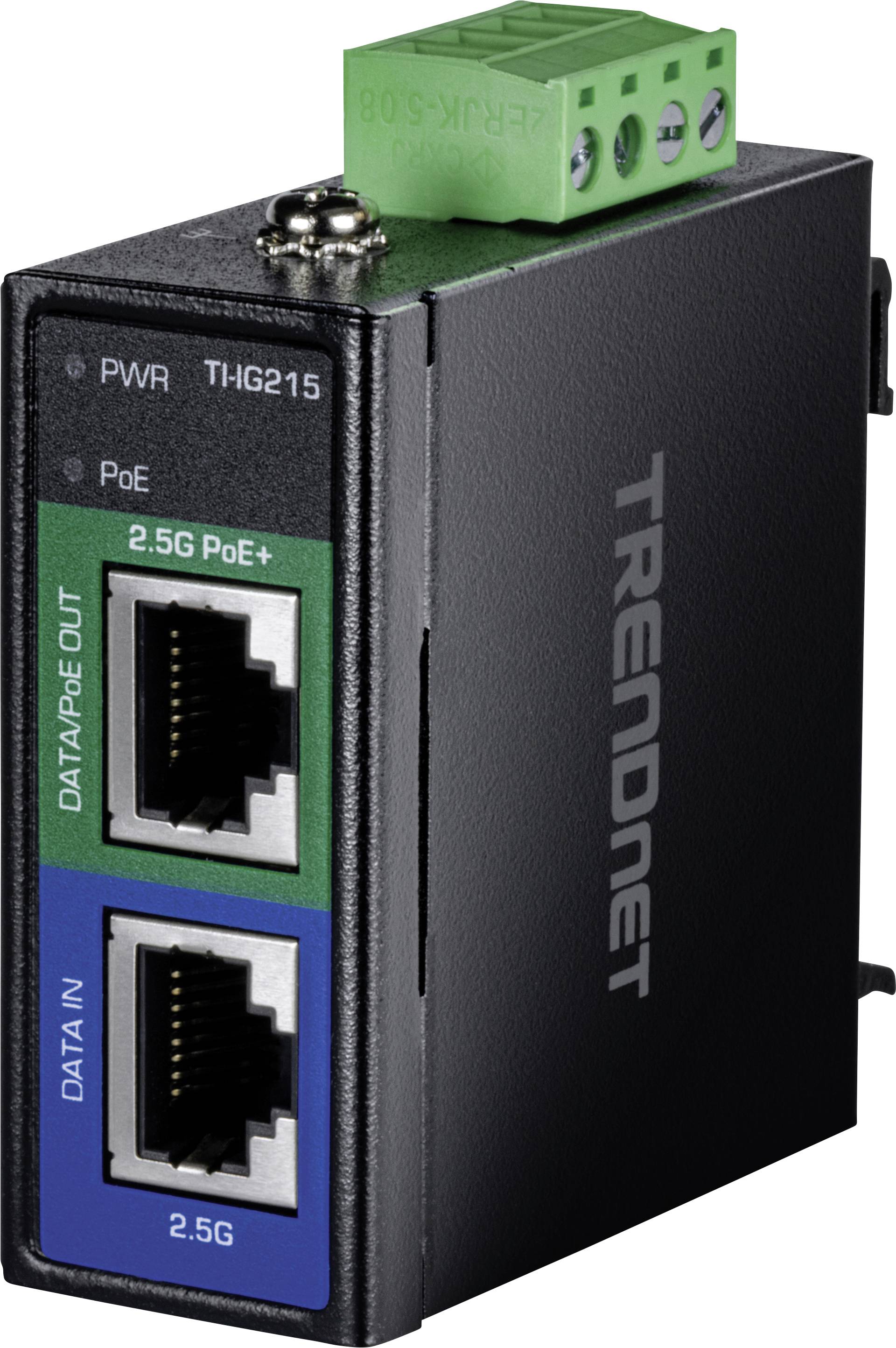 Kompaktni crni i plavi TRENDnet mrežni uređaj s dva Ethernet porta označena kao '2.5G PoE+' i '2.5G DATA IN', s zelenim terminalnim blokom na vrhu.