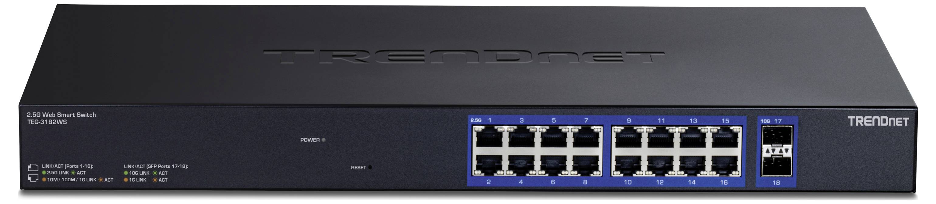 Pogled sprijeda na TRENDnet mrežni switch, s 16 Ethernet porta i 2 SFP utora na crućem metalnom kućištu.