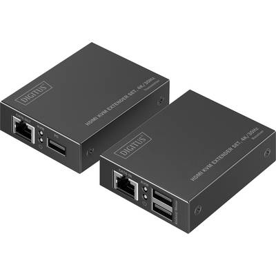 Dva crna digitalna proširitelja označena natpisom 'DIGITUS HDMI KVM PROŠIRITELJ SET, 4K/30Hz', svaki s priključcima za 'CAT6 ULAZ', 'KVM' i USB vezu.