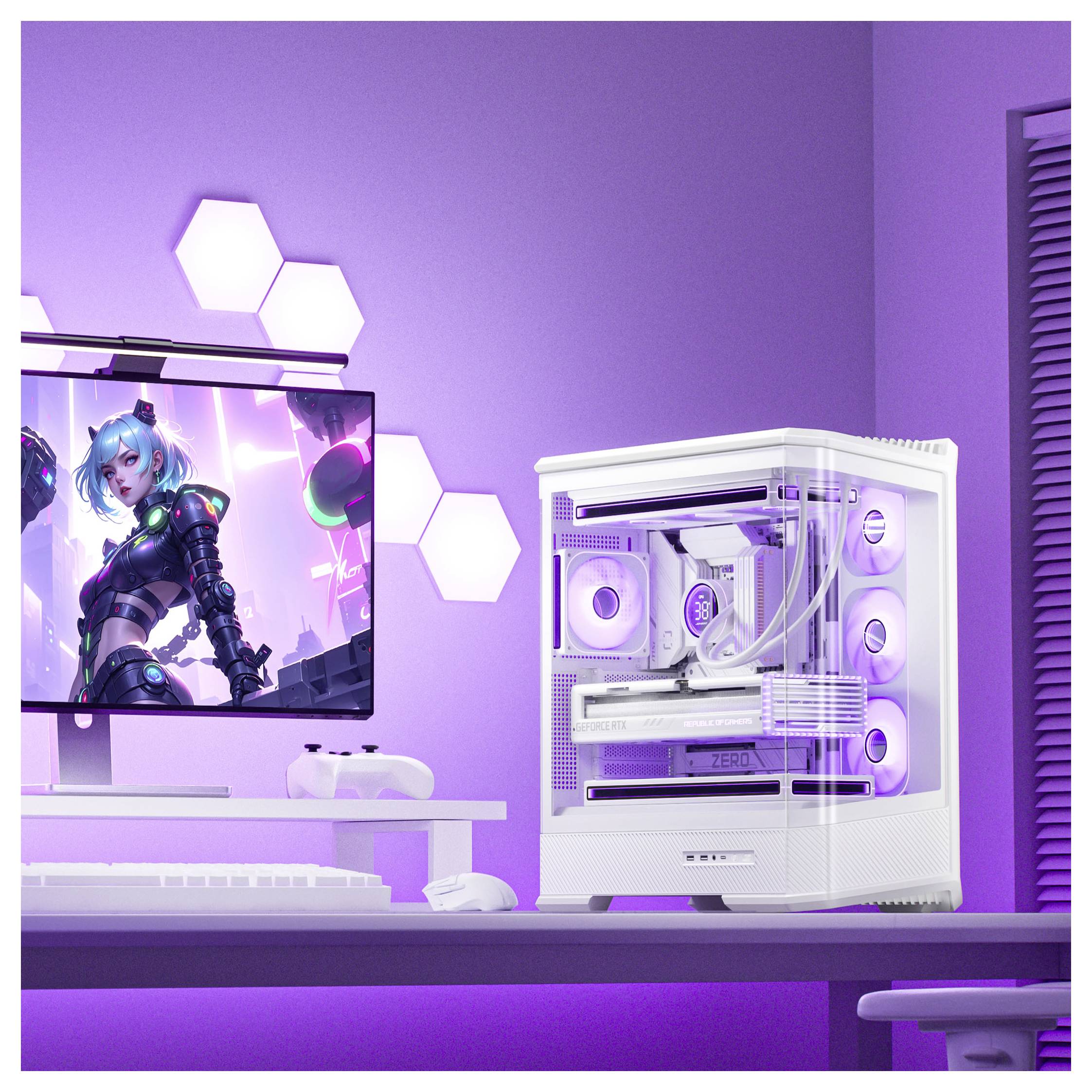 Bijela PC postava s LED osvjetljavanjem sadržava monitor koji prikazuje futurističkog lika, računalni toranj s RGB ventilatorima i elegantnу, osvjetljenu tipkovnicu.