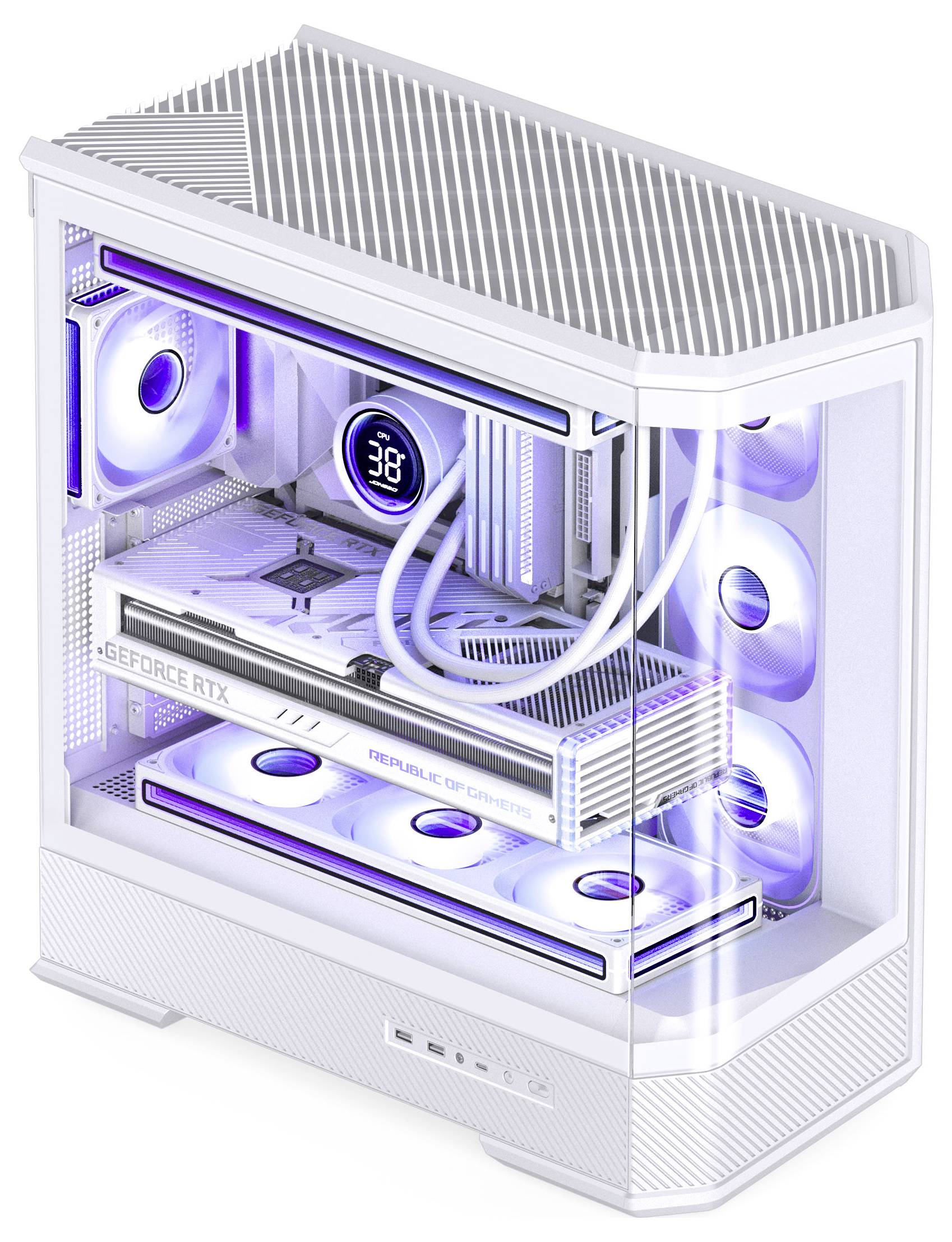 Bijeli gaming PC kućište s RGB osvjetljavanjem prikazuje snažnu grafičku karticu, sustav tekućinskog hlađenja i višestrukih ventilatora za poboljšanu izvedbu.