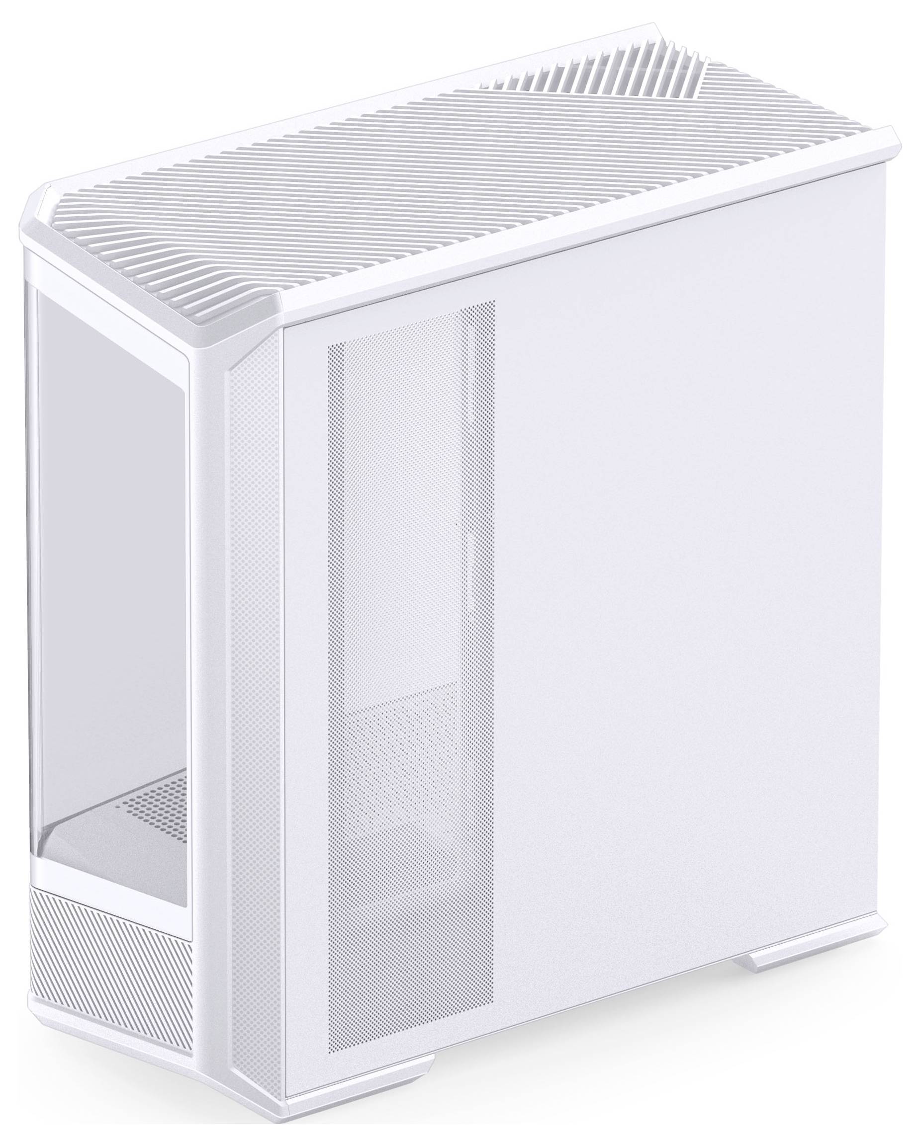 Elegantan bijeli računalni okvir s prozirnom bočnom stranom i vertikalnim ventilacijskim otvorima na vrhu, koji prikazuje minimalistički moderan dizajn.