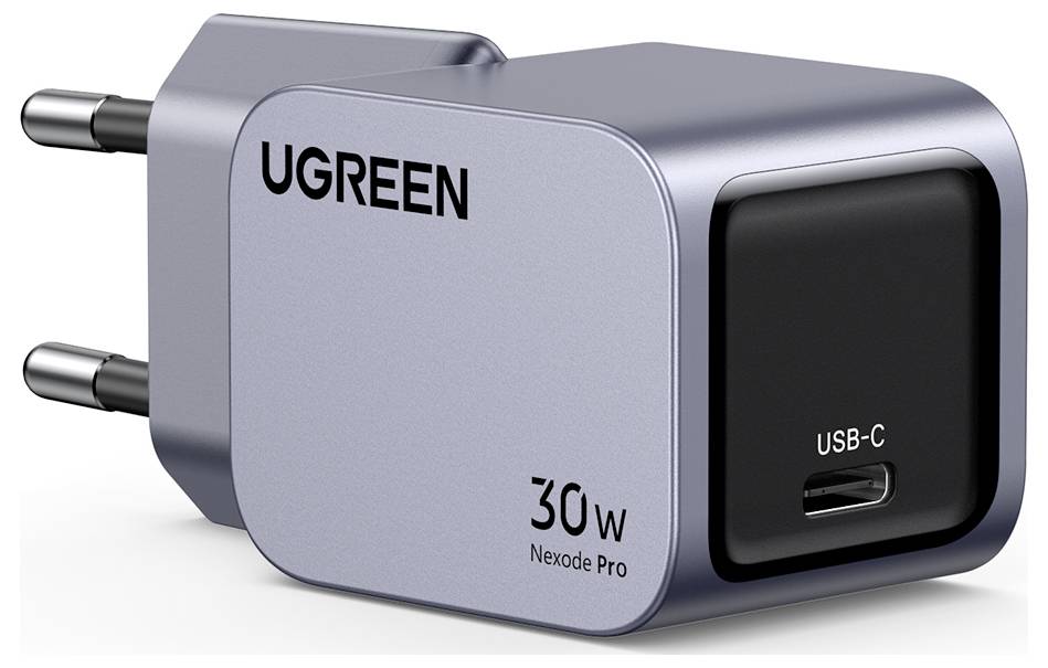 Sivi UGREEN 30W Nexode Pro USB-C punjač s dva priključka, dizajniran za brzo punjenje elektroničkih uređaja.