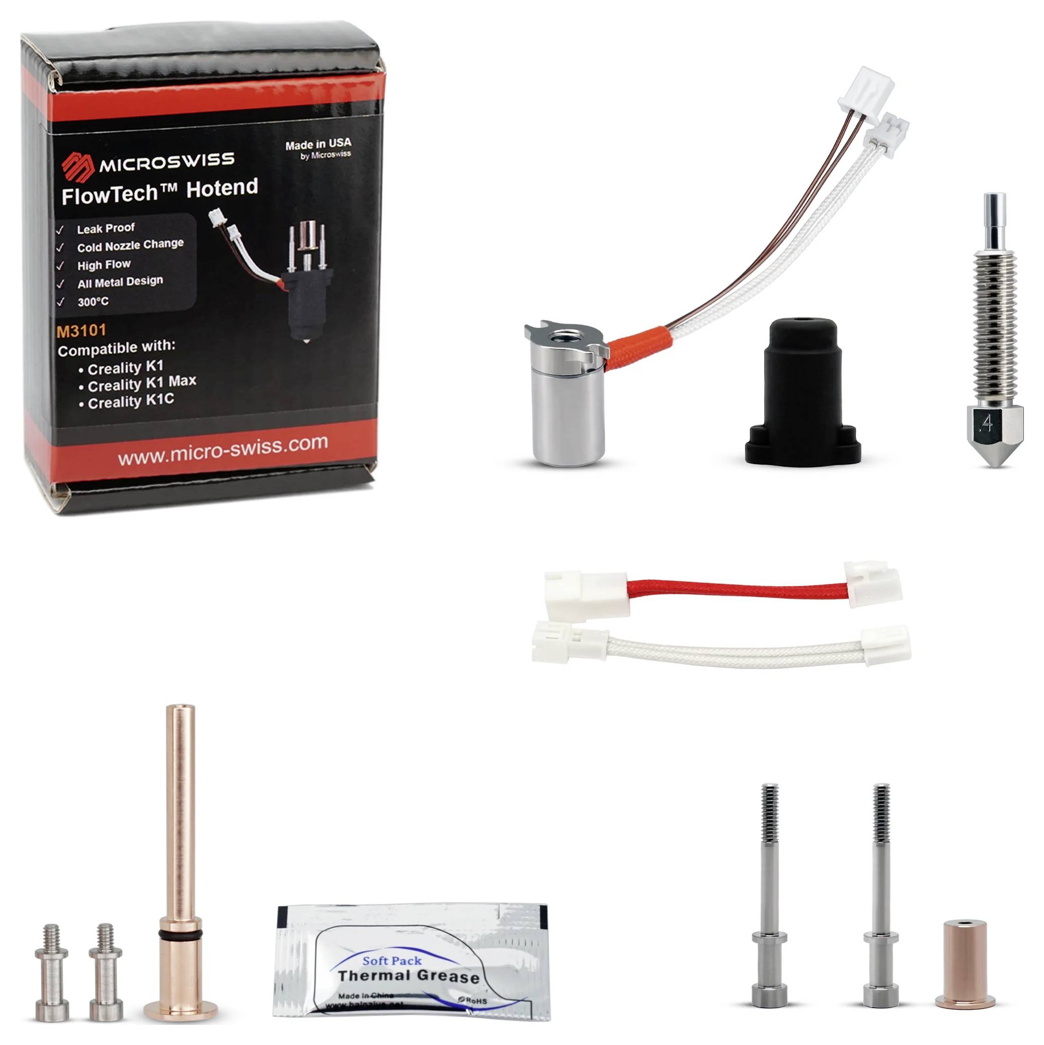 'FlowTech Hotend od Micro Swiss' ambalaža na lijevoj strani. Dijelovi uključuju toplotni prekid, mlaznice, grijač blok, termistor, termičku mast, vijke.