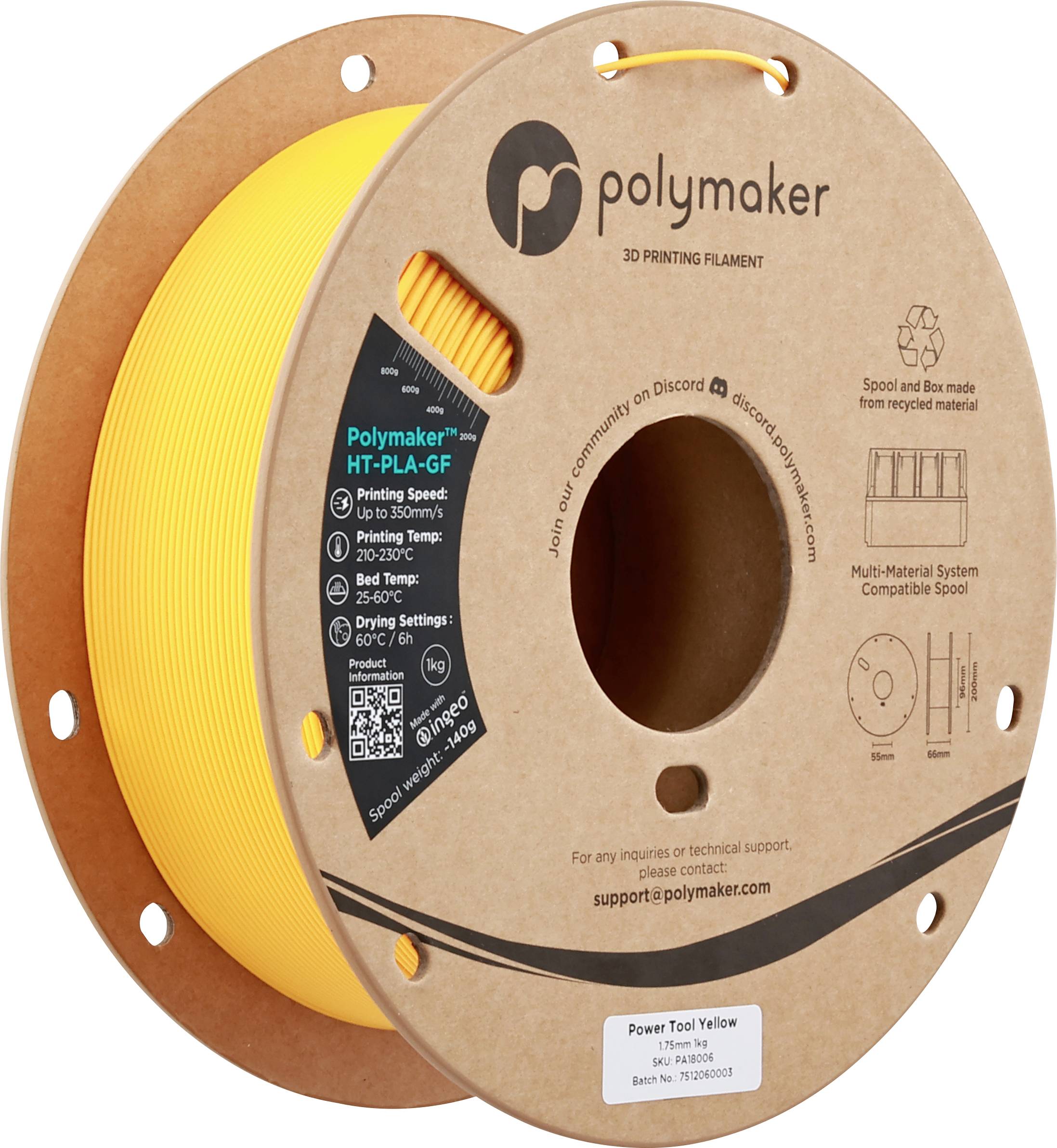 'Tulup Polymaker HT-PLA-GF filament za 3D ispis u žutoj boji. Sadrži specifikacije ispisa i detalje kompatibilnosti na etiketi.'