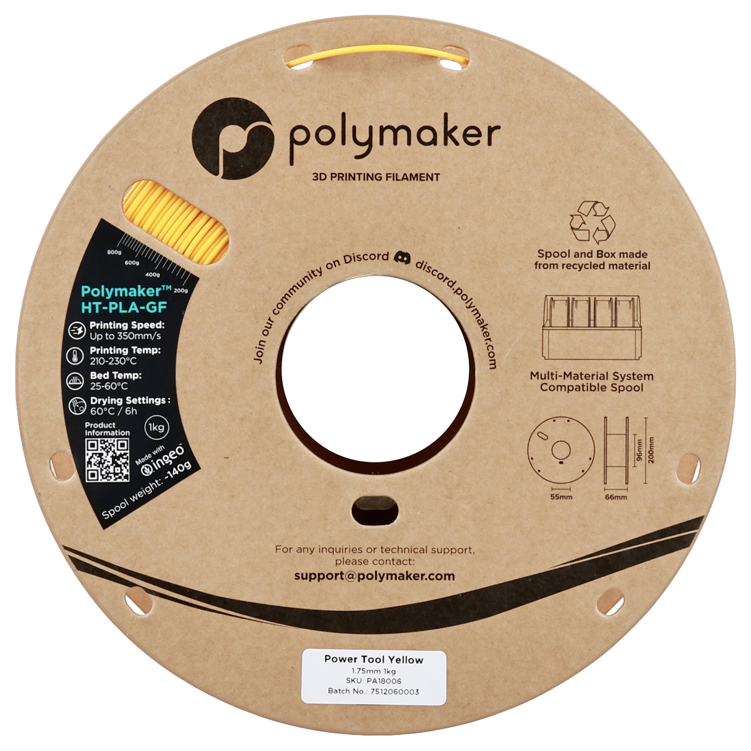 Kartonska tuljava Polymaker filament za 3D ispis označena s 'PolyLite HT-PLA-GF, Power Tool Yellow, 1.75 mm', s prikazanim podacima o proizvodu.