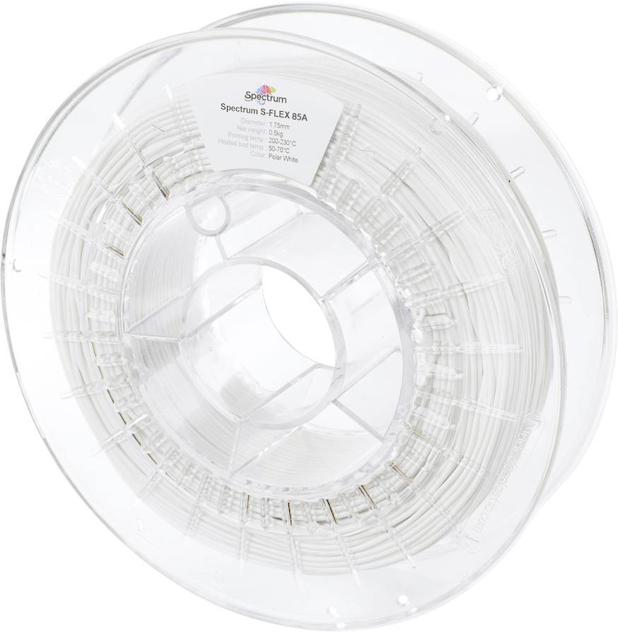 Špula 'Spectrum S-Flex 85A' bijelog filamenta za 3D printanje s tehničkim detaljima: promjer 1,75 mm, raspon temperature 220-240°C.