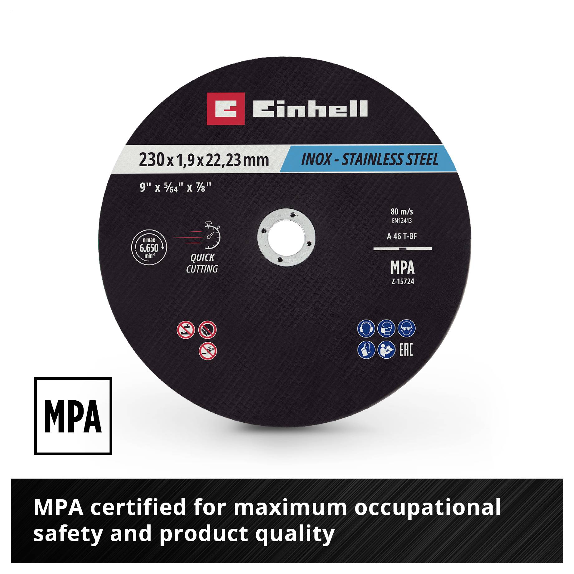 Einhell rezna ploča za nehrđajući čelik, 230x1,9x22,23 mm, pogodno za dubinu rezanja 22,23 mm. MPA-certificirano za sigurnost i kvalitetu.