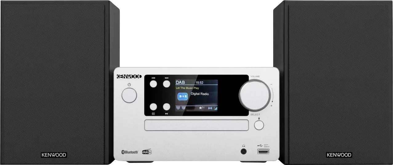 Kenwood digitalni radio sustav s centralnom bijelom kontrolnom jedinicom koja prikazuje 'DAB Digitalni Radio' i dva crna zvučnika s obje strane.