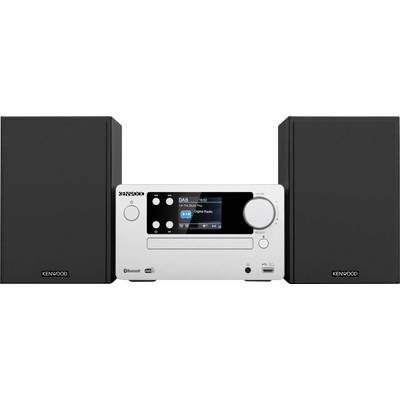 Kenwood digitalni radio sustav s centralnom bijelom kontrolnom jedinicom koja prikazuje 'DAB Digitalni Radio' i dva crna zvučnika s obje strane.
