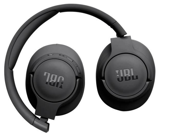 Crni JBL Bluetooth slušalice preko uha, složene, prikazuju JBL logo na školjkama uha.