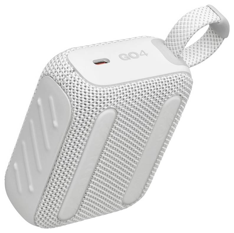 Bijeli prijenosni Bluetooth zvučnik s teksturiranom površinom, petljom za nošenje i natpisom 'GO4' na vrhu, koji ima gumb i indikatorsku lampicu.
