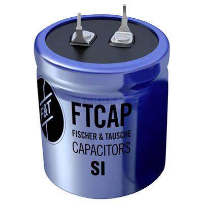 Plavi cilindrični kondenzator s brendom 'FTCAP' i natpisom 'Fischer & Tausche Capacitors SI' na svojoj površini.