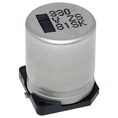 Cilindrični elektrolitički kondenzator od aluminija s otisnutim specifikacijama '330, 25V', montiran na crnoj bazi sa dva priključka.