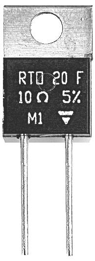 Metalni tranzistor s oznakama 'RT0 20 F', '10Ω 5%' i 'M1'. Ima dva priključna pina na dnu.