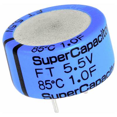 Plavi okrugli superkondenzator s priključcima, oznake 'SuperCapacitor FT 5.5V 85°C 1.0F', koji ukazuje na njegove specifikacije napona, temperature i kapacitivnosti.