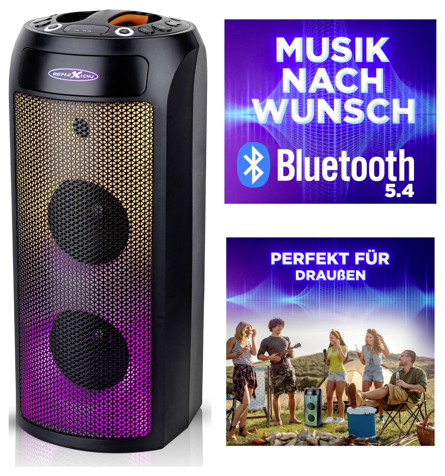 Prijenosni Bluetooth zvučnik sa šarenim svjetlima pored dvije reklame. Jedna piše 'GLAZBA PO ŽELJI Bluetooth 5.4', druga 'SAVRŠENO ZA VANI' s ljudima koji uživaju u glazbi na otvorenom.