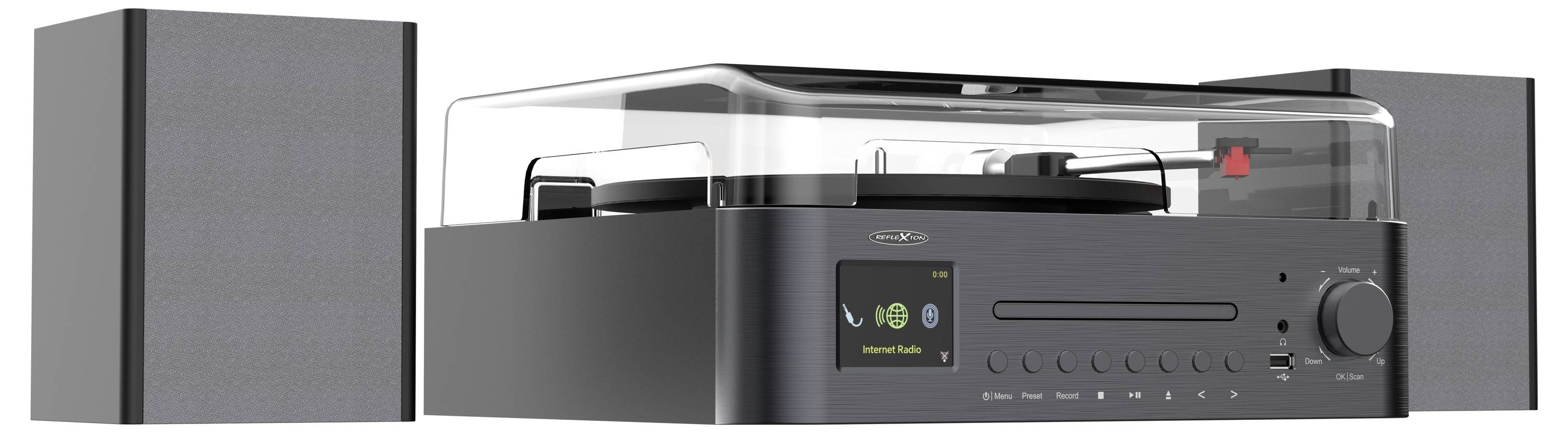 Moderan stereo sustav s centralnom jedinicom koja uključuje gramofon, zaslon i kontrolne gumbe, te dvije zvučnike sa strana.