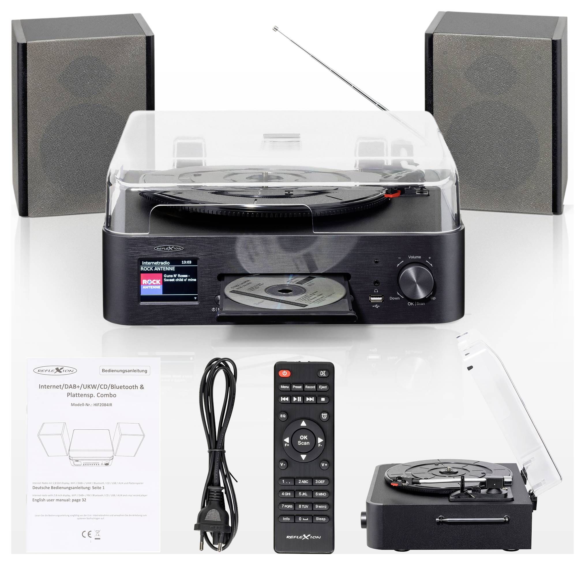Sustav stereo s gramofona s dva zvučnika, daljinski upravljač, napajni kabel, priručnik i prozirna zaštita od prašine, prikazan iz više kutova.