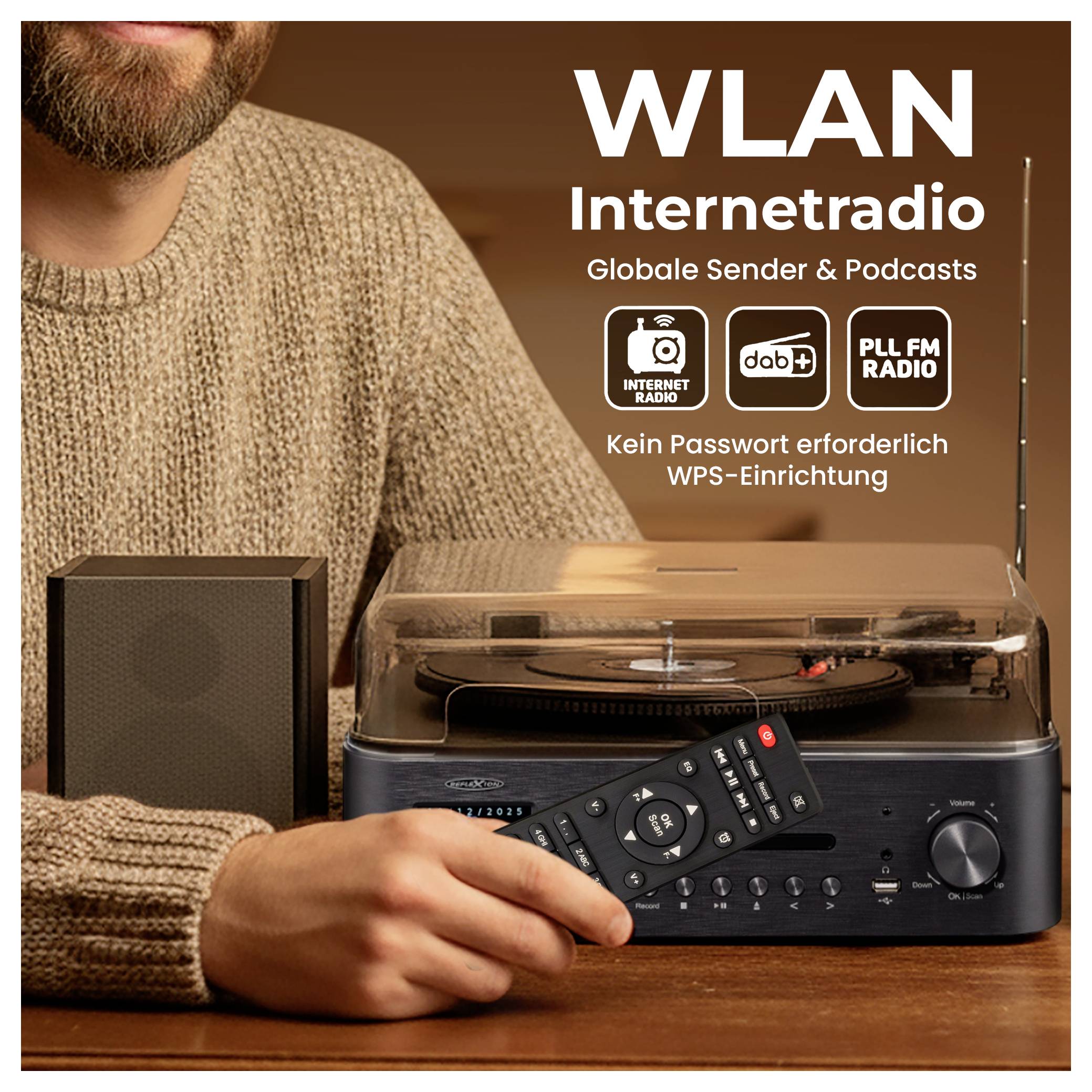 Oglasna slika WLAN internetskog radija s gramofonomm i daljinskom upravom; Tekst: 'WLAN internetski radio', 'Globalne postaje i podkasti', 'Nije potrebna lozinka, WPS postavka'.