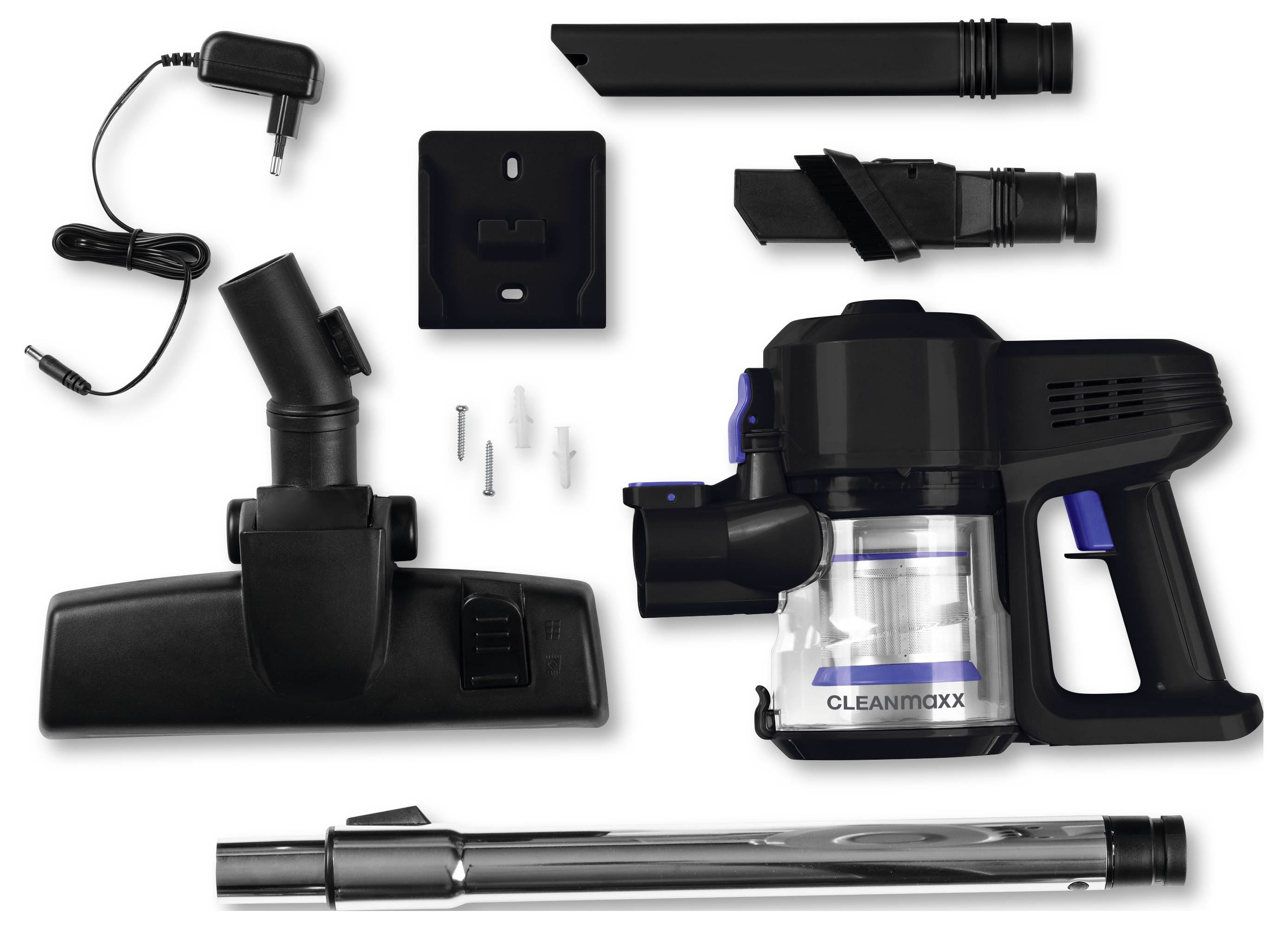 Set usisivača s raznim nastavcima i kabelom za punjenje je posložen. Glavni uređaj je oznakama označen kao 'Cleanmaxx'.