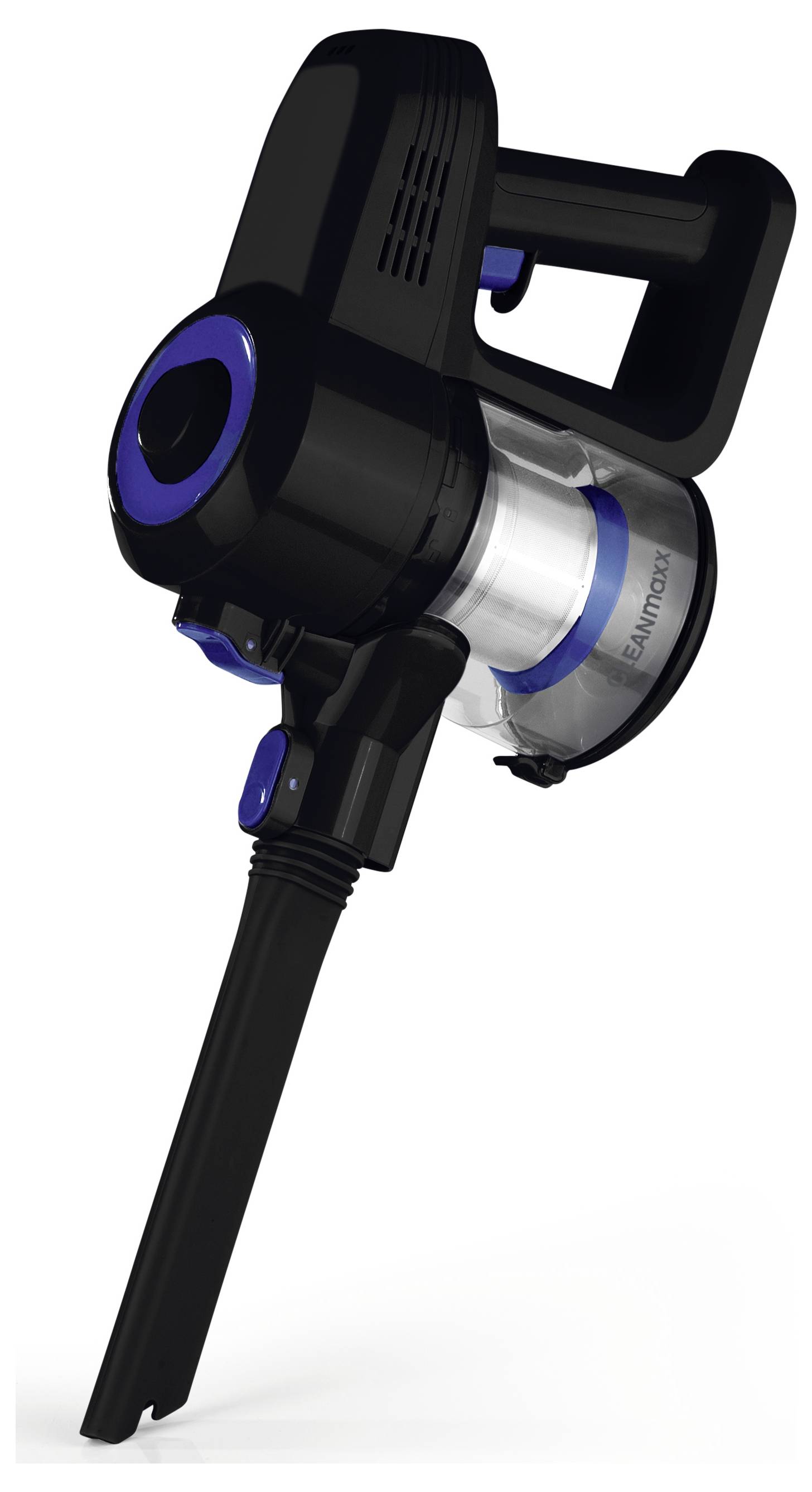 Ručni usisavač crne i plave boje s prozirnom posudom za prašinu i dugačkom mlaznicom, namijenjen jednostavnom čišćenju.