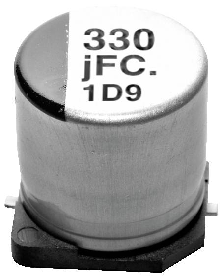 Elektrolitički kondenzator od aluminija s oznakama '330 μF. 1D9', korišten u elektroničkim kolima za pohranu energije i filtriranje.