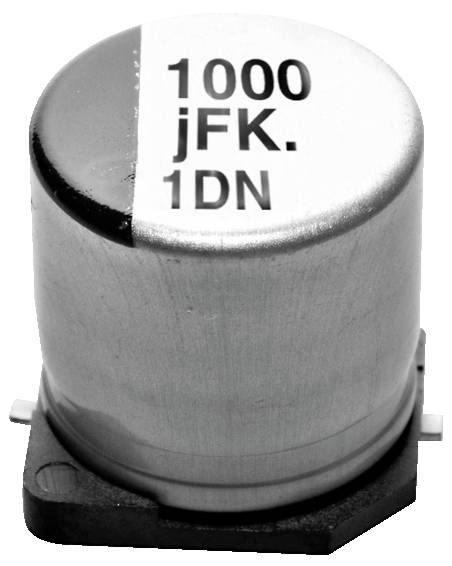 Cilindrični elektronički kondenzator s tekstom '1000 jFK. 1DN' otisnutim na vrhu, postavljen na četvrtastu bazu.