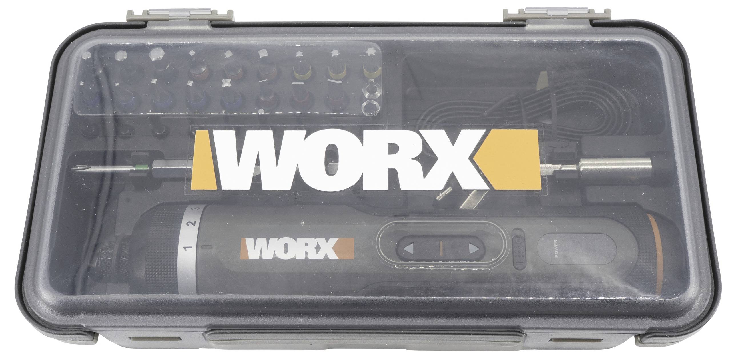Komplet bežični odvijač marke 'Worx' u prozirnoj kutiji s različitim nasadama i dodacima uredno raspoređenim unutar.