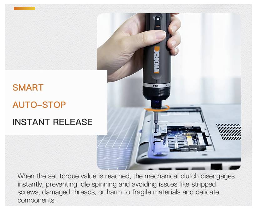 # Smart Auto-Stop Instant Release – Prijevod<br><br>'Pametno Automatsko Zaustavljanje Trenutnog Otpuštanja' prikazuje ručni alat koji se koristi na komponenti prijenosnog računala. Tekst u nastavku opisuje mehanizam spojke alata.