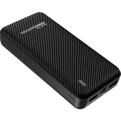 Crni prijenosni power bank s teksturom karbonskih vlakana, označen natpisom 'RealPower', koji prikazuje indikator baterije i višestruke priključke za punjenje.