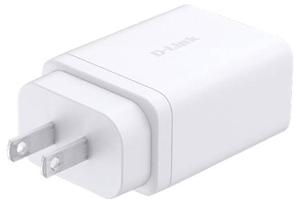 Bijeli D-Link mrežni adapter s dva metalna čepa, korišten za punjenje elektroničkih uređaja.