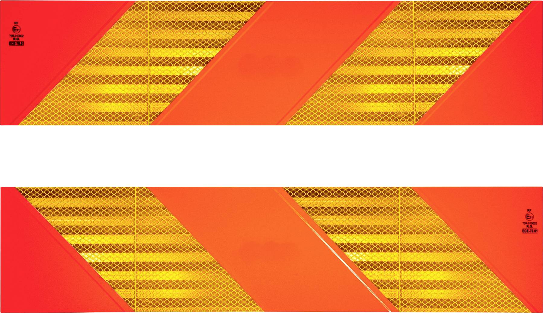 Žarko narančasti i žuti uzorak s dijagonalnim prugama i središnjom bijelom trakom. Smjela i živahna geometrijska dizajn.