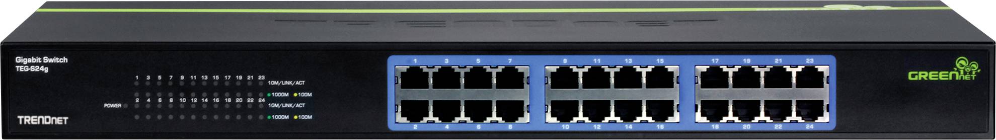 Mrežni switch s 16 Ethernet priključaka, označen natpisom 'TRENDnet' i 'Gigabit Switch TEG-S16Dg.' Opremljen LED indikatorima za povezivost.