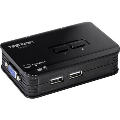 Crni TRENDnet TK-207 KVM preklopnik s VGA izlazom i dva USB porta za povezivanje perifernih uređaja na više računala.