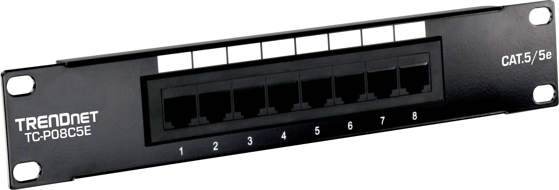 Crni TRENDnet 8-portni CAT 5e patch panel s numeriranim portovima, model TC-P08C5E, namijenjen za mrežne spojeve.