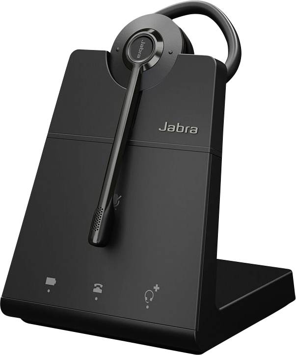 Crni bežični Jabra slušalice nalaze se na svojoj punjačkoj postaji, odlikujući se elegantnim dizajnom s tipkama za glasnoću i kontrolu poziva vidljivim na bazi.