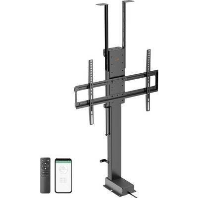 TV lift mehanizam s podesivim konzolama, prikazuje daljinski upravljač i sučelje mobilne aplikacije za podešavanje visine i upravljanje.