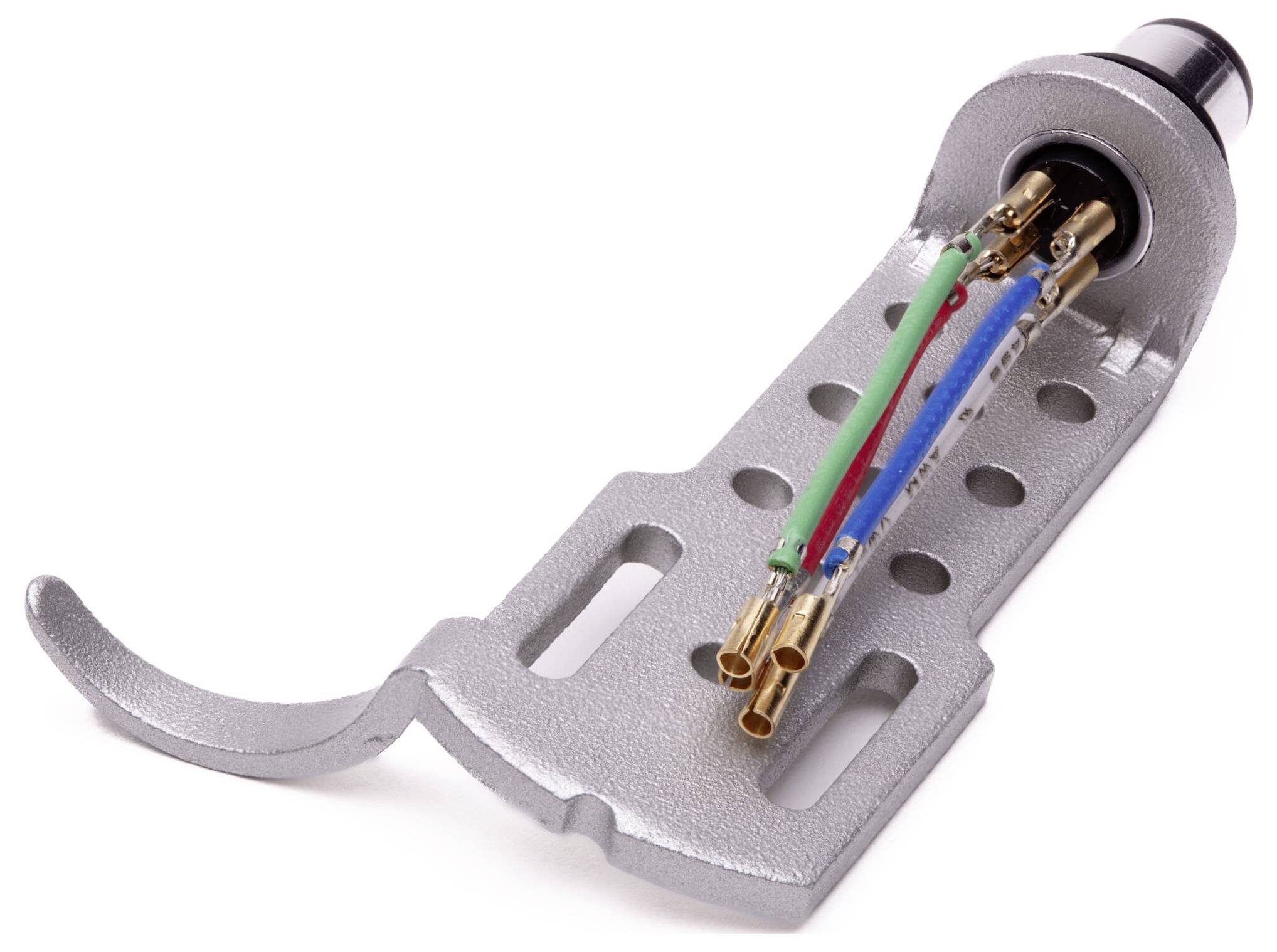 Metalni, L-oblik elektronički komponenata s cilindričnim krajem, koji sadrži obojene žice i konektore, vjerojatno dio električne opreme.