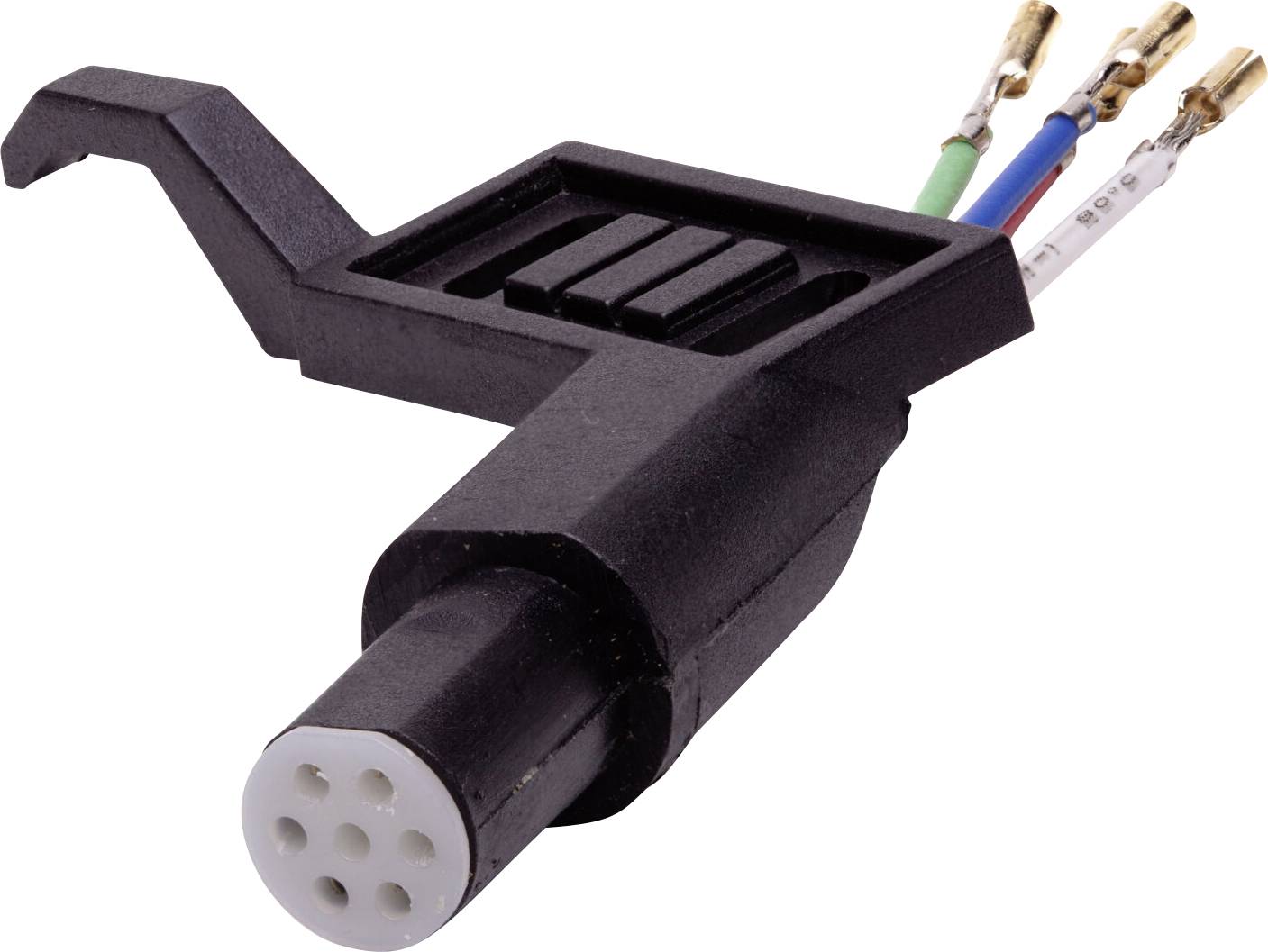 Crni elektronički konektor sa šest malenih, obojanih žica koje se protežu iz njega, vjerojatno korišten za povezivanje ili interfejsiranje uređaja.