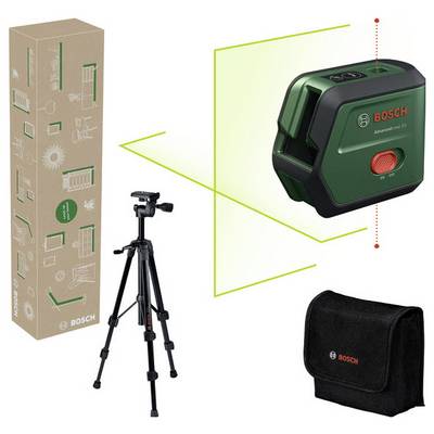 Bosch laserski komplet za niveliranje uključuje zeleni laserski nivelir, podesivi stativ, torbu za prenošenje i ambalažnu kutiju, idealan za zadatke preciznog poravnavanja.