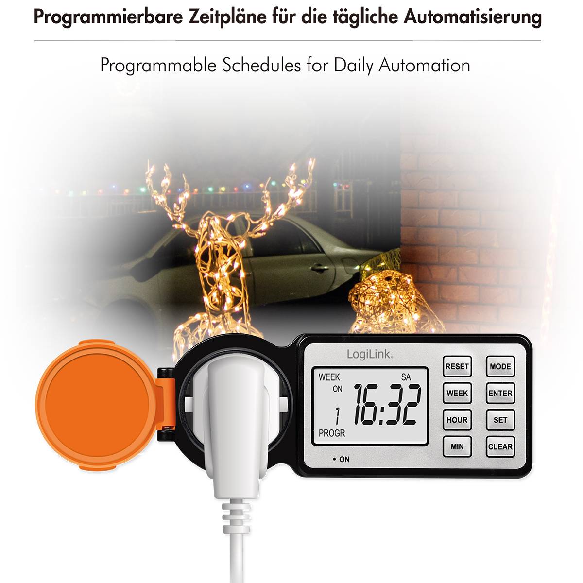 Digitalni sat prikazuje '16:32' s tipkama za podešavanje sata, minute i programa. Svjetla i ukrasi u obliku sobova vidljivi su u pozadini.