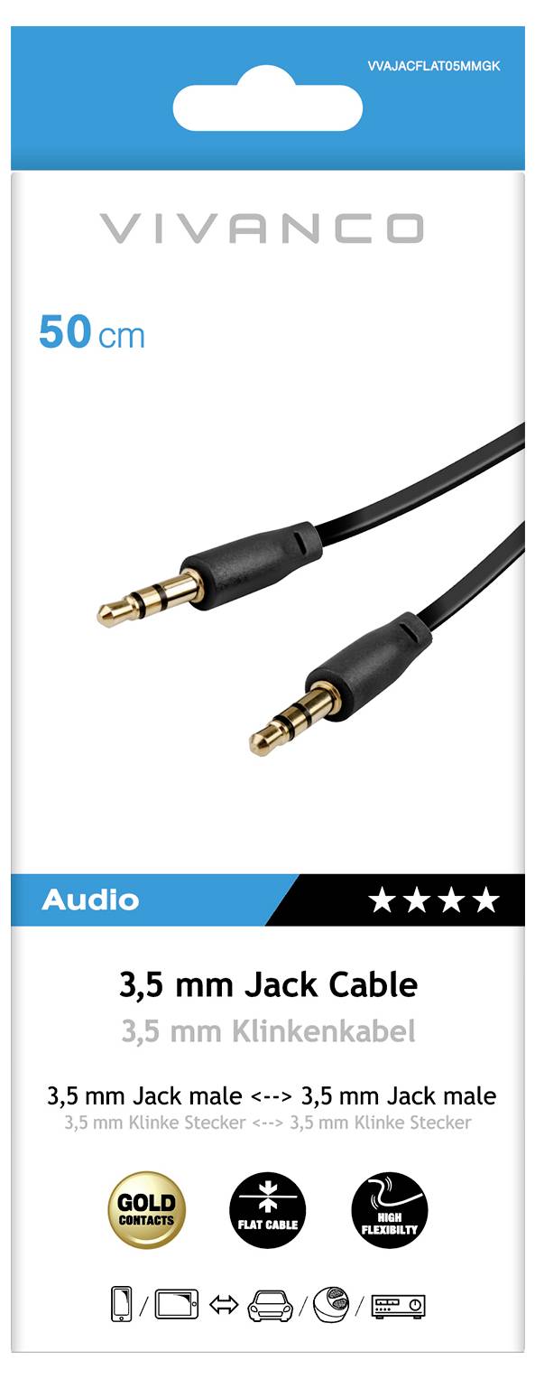 Vivanco 3.5 mm Jack kabel, 50 cm.' Slika prikazuje paket za 3.5 mm audio kabel, s pozlaćenim konektorima i ikonama ocjene od 4 zvjezdice.