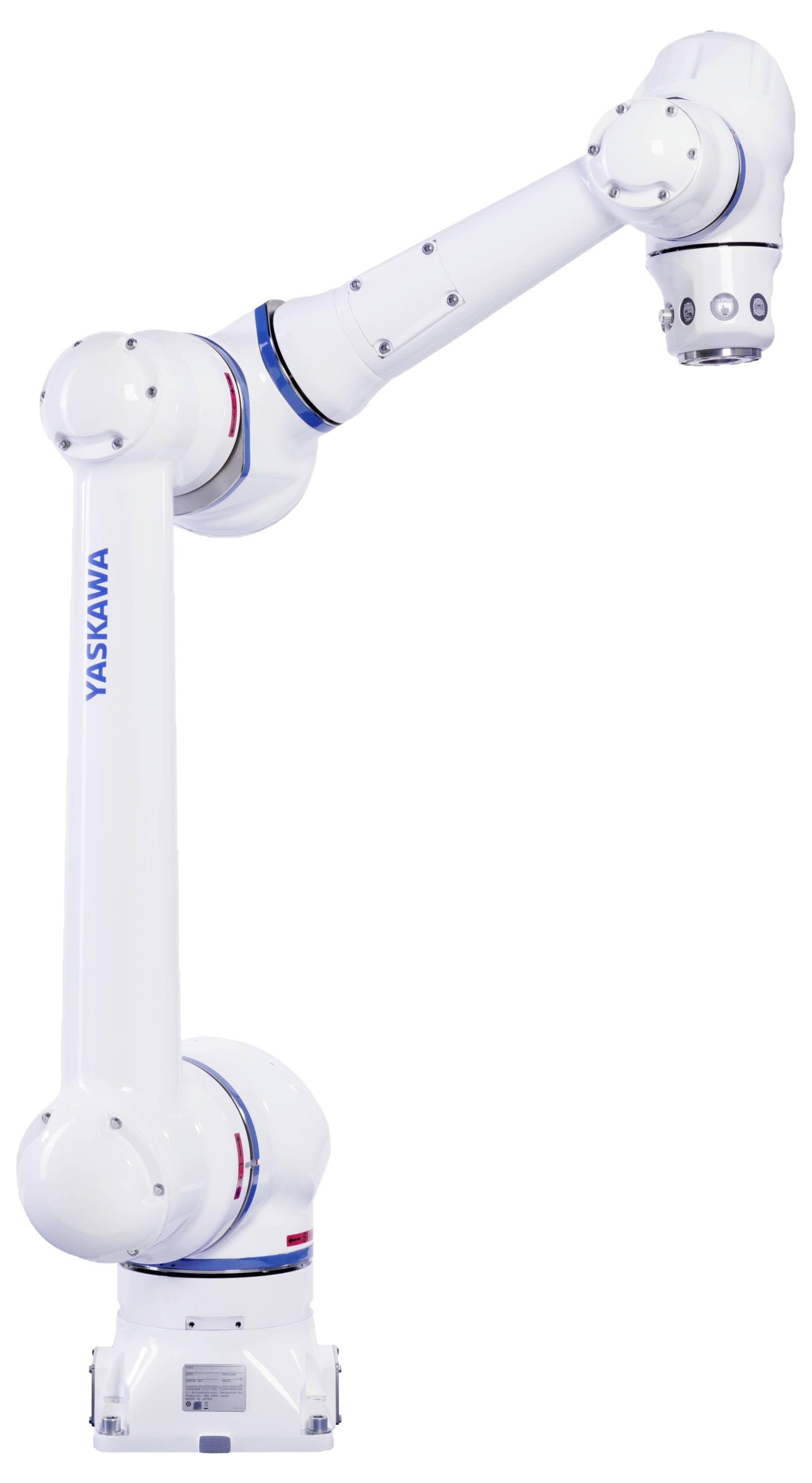 Bijela industrijska robotska ruka marke 'Yaskawa' s više zglobova i cilindričnim hvatačem na kraju, korištena za zadatke automatizacije.