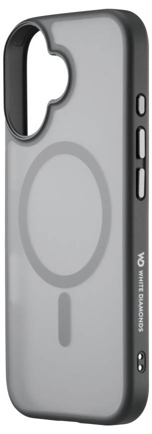 Prozirna futrola za telefon s oznakama 'White Diamonds', crnim rubovima i magnetskim prstenom, prikladna za uređaje kompatibilne s MagSafe tehnologijom.
