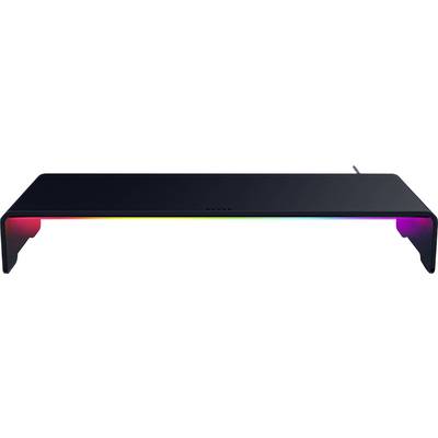 Crni stalak za monitor sa ugrađenim RGB osvjetljenjem duž ruba, koji stvara šareni gradijentni efekt.