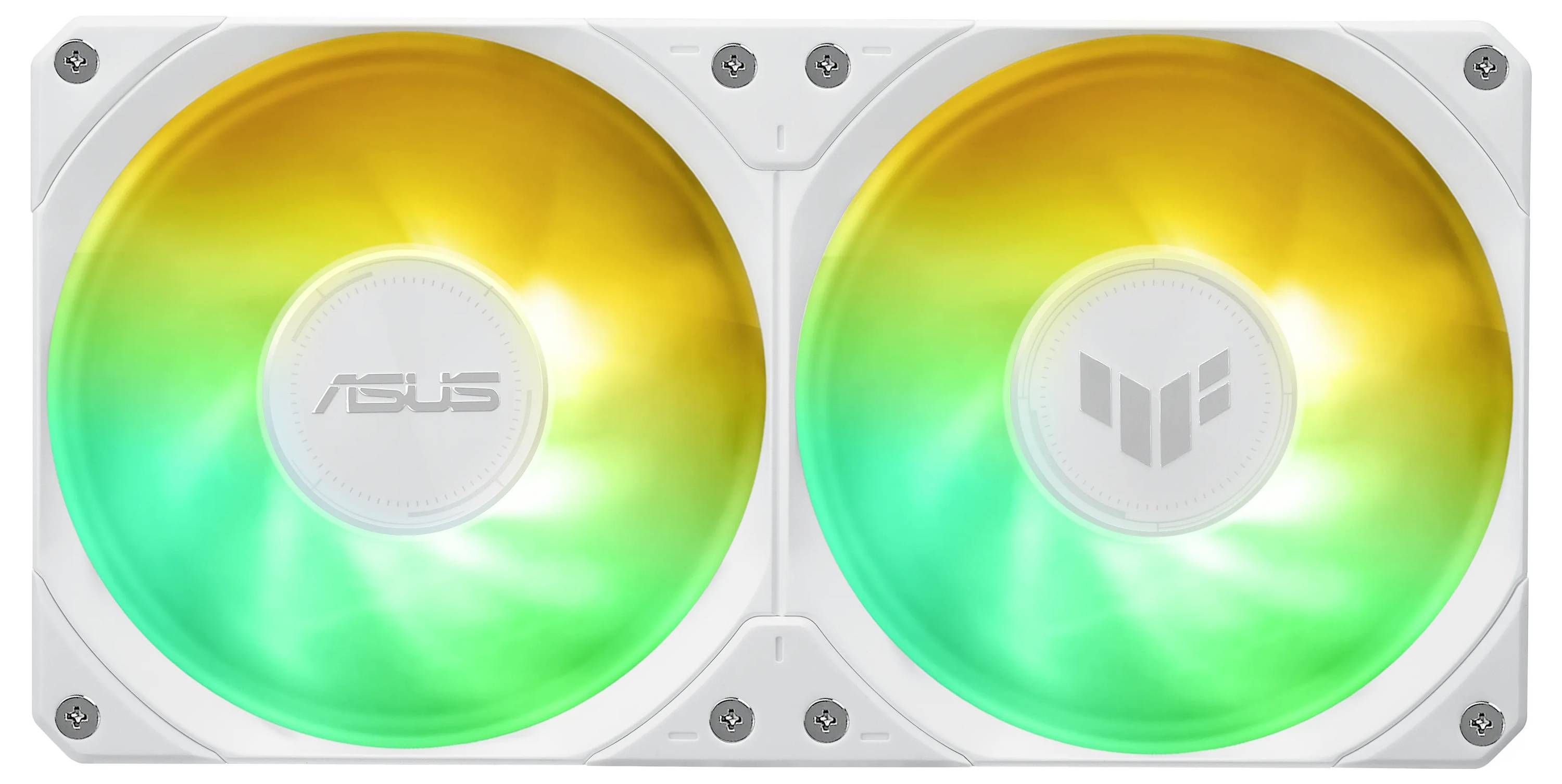 Komponenta računala sa dva ventilatora, zelenim i žutim LED osvjetljenjem, sa ASUS logotipom na lijevom ventilatoru i drugim simbolom na desnom.